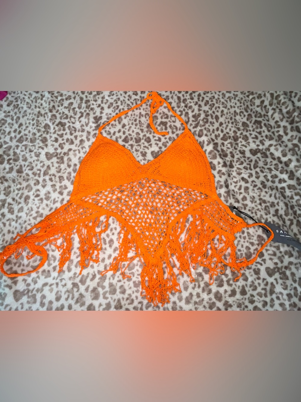 Sans Souci - Bright Orange Crochet Fringe Halter Top